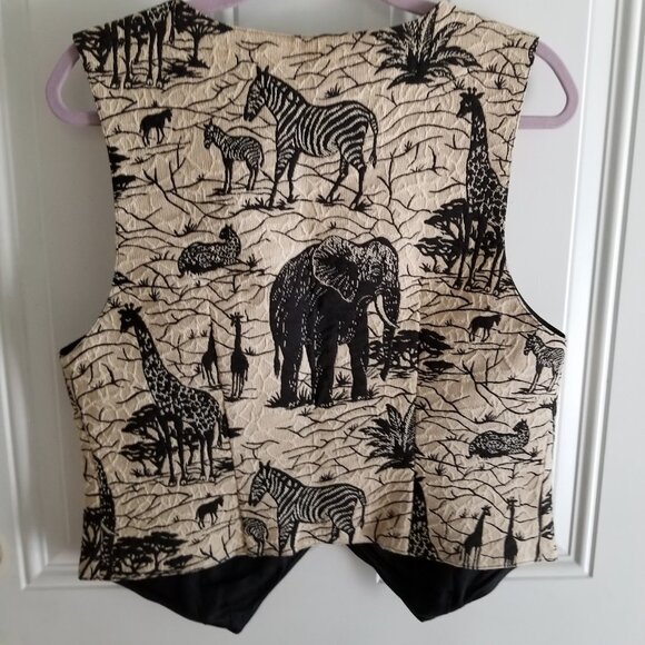Sharon Young Vintage Safari Vest, Sz M Zebra Elephant Black Ivory Tan Top - Picture 2 of 6